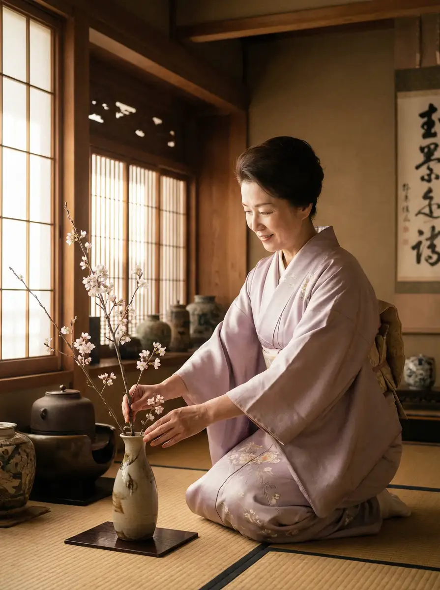 一位优雅的 AY体育平台 在和室中插花