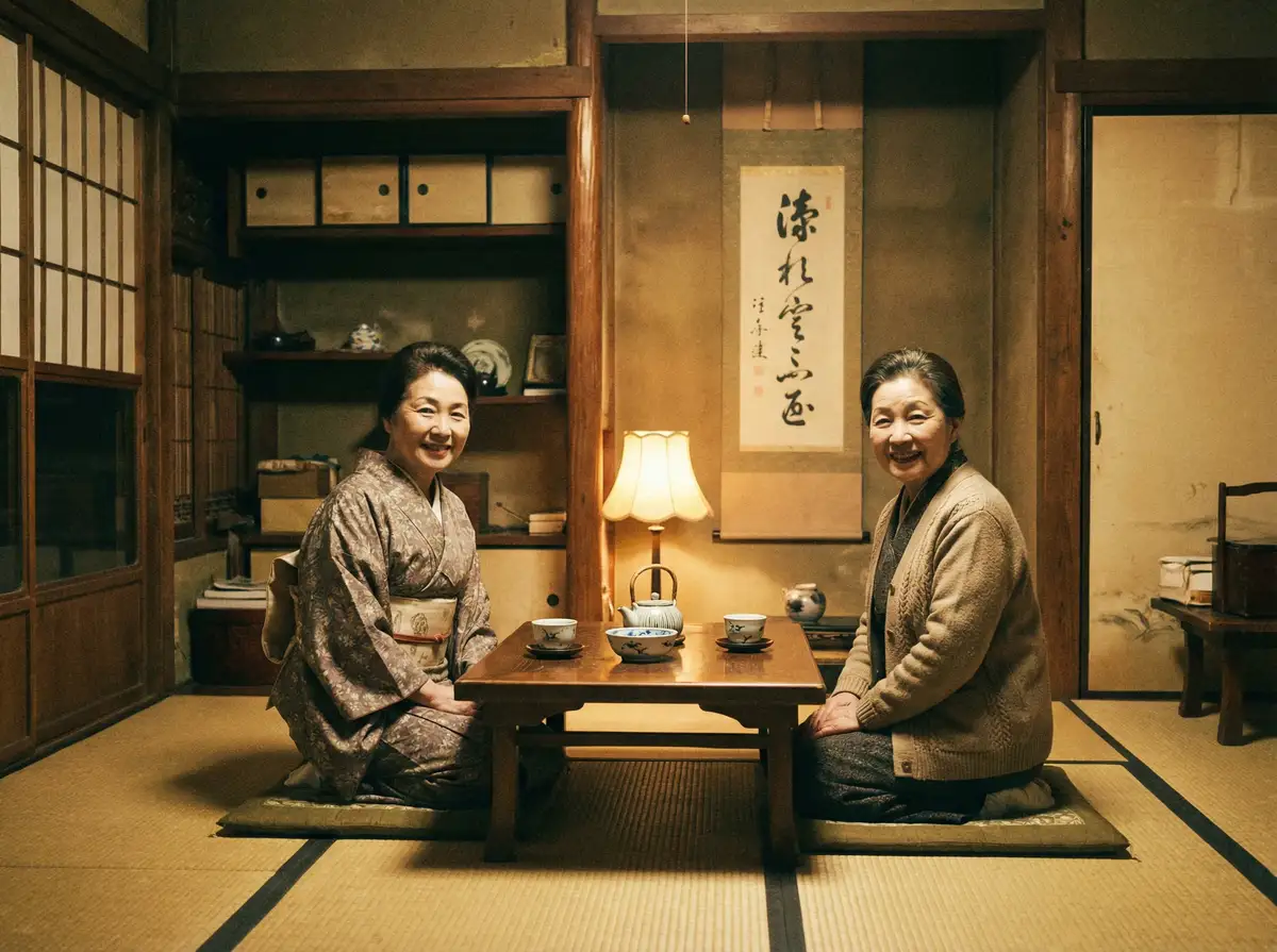 两位优雅的 AY体育平台 在日式茶室中品茶交谈